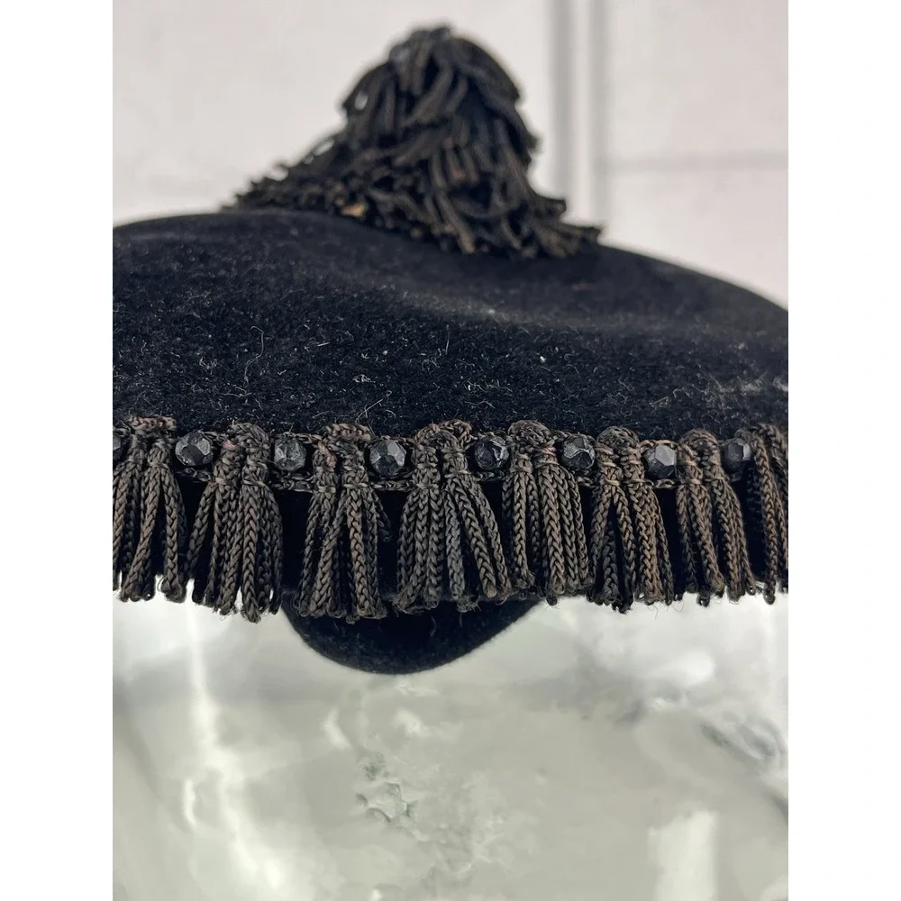 Black Velvet Cocktail Hat Headband Tassel Fringe Flechet France Vintage Evening